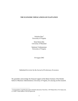 1 the ECONOMIC IMPLICATIONS of EXAPTATION Nicholas Dew1 University of Virginia Saras Sarasvathy University of Maryland Sankaran