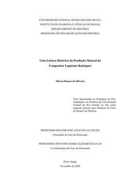 Uma Leitura Histórica Da Produção Musical Do Compositor Lupicínio Rodrigues