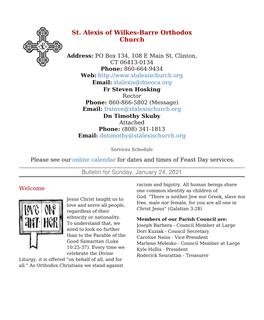 St. Alexis of Wilkes-Barre Orthodox Church Bulletin for Sunday