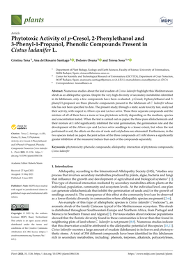 Phytotoxic Activity of P-Cresol, 2-Phenylethanol and 3-Phenyl-1-Propanol, Phenolic Compounds Present in Cistus Ladanifer L