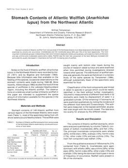 Stomach Contents of Atlantic Wolffish (Anarhichas Lupus) from the Northwest Atlantic