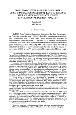 Unmasking Chinese Business Enterprises: Using Information Disclosure Laws to Enhance Public Participation in Corporate Environmental Decision Making*