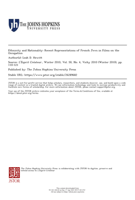 Ethnicity and Nationality: Recent Representations of French Jews in Films on the Occupation Author(S): Leah D