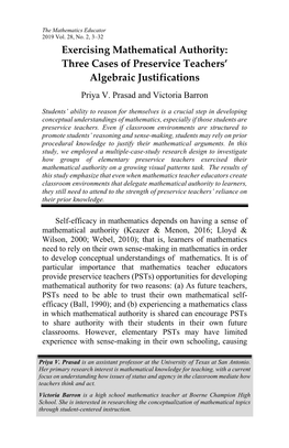 Exercising Mathematical Authority: Three Cases of Preservice Teachers’ Algebraic Justifications Priya V