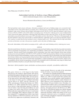 Antioxidant Activity of Ardisia Crispa (Mata Pelanduk) (Aktiviti Antioksida Daripada Ardisia Crispa (Mata Pelanduk))