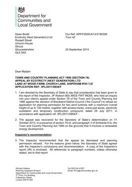 Dawn Bodill Ecotricity (Next Generation) Ltd Russell Street Unicorn House Stroud Gloucestershire GL5 3AX Our Ref: APP/F2605/A/12