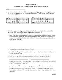 Music Theory III Assignment 2 – Due Jan. 30 at the Beginning of Class