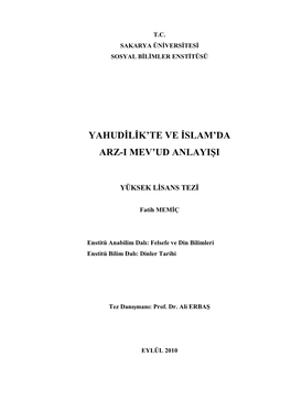 Yahudilik'te Ve Islam'da Arz-I Mev'ud Anlayişi