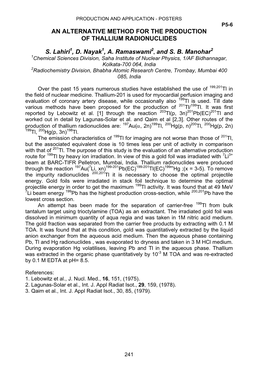 AN ALTERNATIVE METHOD for the PRODUCTION of THALLIUM RADIONUCLIDES S. Lahiri1, D. Nayak1, A. Ramaswami2 , and S. B. Manohar2