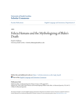 Felicia Hemans and the Mythologizing of Blake's Death Paula R