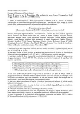 Comune Di Monastero Di Vasco (Cuneo) Bando Di Concorso Per La Formazione Della Graduatoria Generale Per L'assegnazione Degli Alloggi Di Edilizia Sociale (L.R