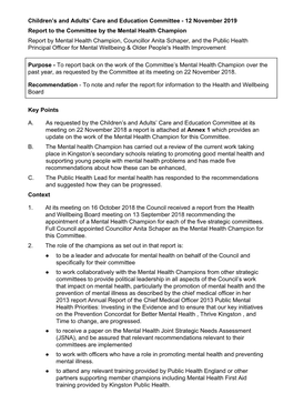 Report to the Committee by the Mental Health Champion PDF 163 KB
