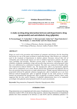 Propranolol) and Anti-Diabetic Drug (Glipizide