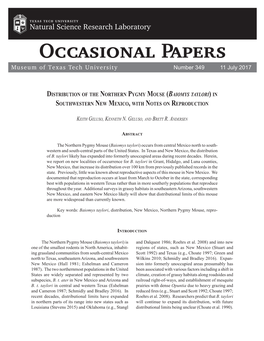 Distribution of the Northern Pygmy Mouse (Baiomys Taylori) in Southwestern New Mexico, with Notes on Reproduction