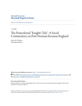 The Postcolonial ―Knight‘S Tale‖: a Social Commentary on Post-Norman Invasion England