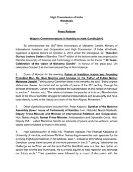 High Commission of India Windhoek *** Press Release Historic Commemorations in Namibia to Mark Gandhi@150 to Commemorate The