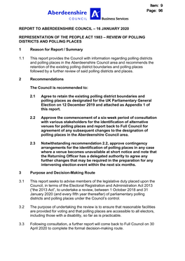 Business Services REPORT to ABERDEENSHIRE COUNCIL – 16 JANUARY 2020 REPRESENTATION of the PEOPLE ACT 1983 – REVIEW of POLLIN