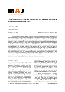 Observations on Earthworks and Fortifications in Kedah from 600-1800 CE Based on Local Historical Literature