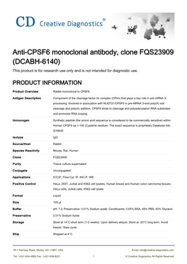 Anti-CPSF6 Monoclonal Antibody, Clone FQS23909 (DCABH-6140) This Product Is for Research Use Only and Is Not Intended for Diagnostic Use