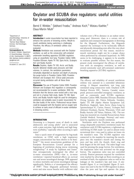 Oxylator and SCUBA Dive Regulators: Useful Utilities for In-Water Resuscitation Bernd E Winkler,1 Gebhard Froeba,1 Andreas Koch,2 Wataru Kaehler,2 Claus-Martin Muth1