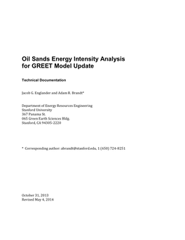 Oil Sands Energy Intensity Analysis for GREET Model Update