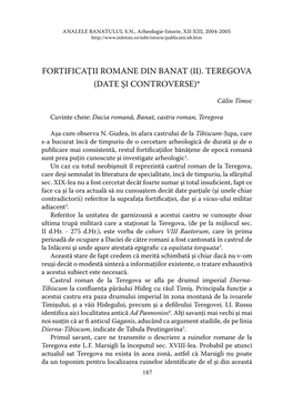 Fortificaţii Romane Din Banat (Ii). Teregova (Date Şi Controverse)*