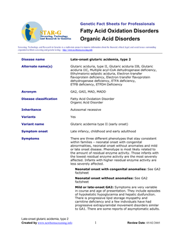 Fatty Acid Oxidation Disorders Organic Acid Disorders