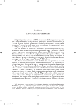 DANTE “A MENTE” DI BENIGNI Nei Primi Giorni Di Febbraio Del 2007, In