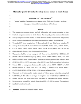 Molecular Genetic Diversity of Donkey (Equus Asinus) in South Korea