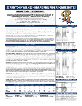 Scranton/Wilkes-Barre Railriders Game Notes International League Playoffs Scranton/Wilkes-Barre Railriders (2-1) Vs