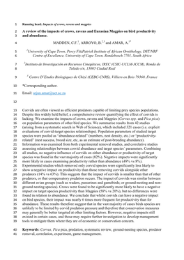 A Review of the Impacts of Crows, Ravens and Eurasian Magpies on Bird Productivity and Abundance. MADDEN, C.F. , ARROYO, B