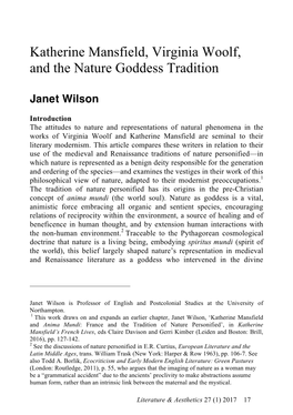 Katherine Mansfield, Virginia Woolf, and the Nature Goddess Tradition