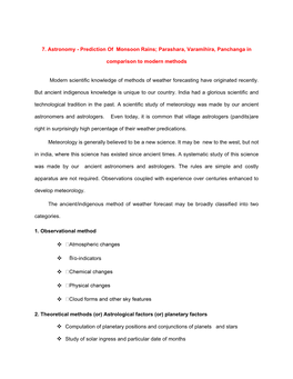 7. Astronomy - Prediction of Monsoon Rains; Parashara, Varamihira, Panchanga In