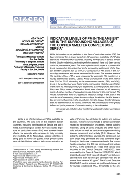 Indicative Levels of Pm in the Ambient Air in the Surrounding Villages of the Copper Smelter Complex Bor, Serbia•