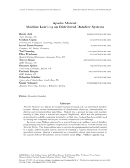 Apache Mahout: Machine Learning on Distributed Dataﬂow Systems