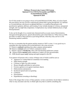 Mchenry Western Lake County EMS System Optional CE for EMT-B, Paramedics and PHRN’S Excited Delirium (Exds) Optional #4 2018