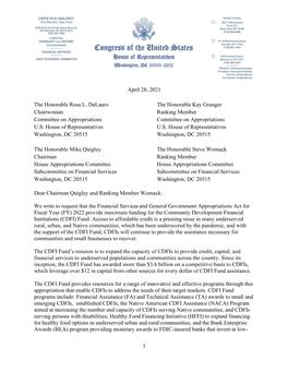 1 April 28, 2021 the Honorable Rosa L. Delauro the Honorable Kay Granger Chairwoman Ranking Member Committee on Appropriations C