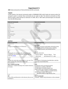 Experiment # 1 AIM: Study and Practice of Internal & External DOS Commands