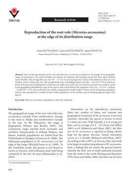 Reproduction of the Root Vole (Microtus Oeconomus) at the Edge of Its Distribution Range