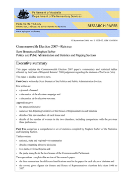 Commonwealth Election 2007—Reissue Scott Bennett and Stephen Barber Politics and Public Administration and Statistics and Mapping Sections