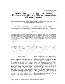 Mepraia Gajardoi: a New Species of Triatominae (Hemiptera: Reduviidae) from Chile and Its Comparison with Mepraia Spinolai