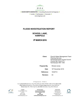 FLOOD INVESTIGATION REPORT SCHOOL LANE, HARPOLE 9Th