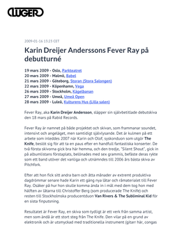 Karin Dreijer Anderssons Fever Ray På Debutturné