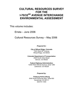 Cultural Resources Survey for the I-70/32Nd Avenue Interchange Environmental Assessment