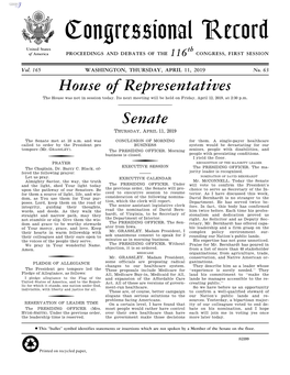 Congressional Record United States Th of America PROCEEDINGS and DEBATES of the 116 CONGRESS, FIRST SESSION