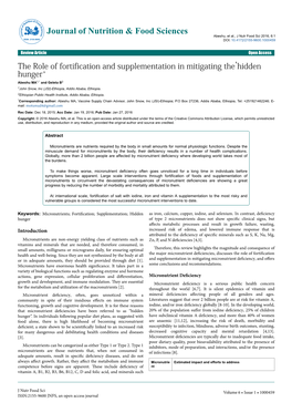 The Role of Fortification and Supplementation in Mitigating the ‘Hidden Hunger’ Abeshu MA1,* and Geleta B2 1John Snow, Inc (JSI)-Ethiopia, Addis Ababa, Ethiopia