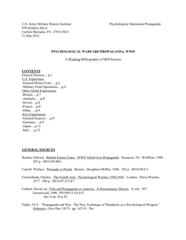 U.S. Army Military History Institute Psychological Operations/Propaganda 950 Soldiers Drive Carlisle Barracks, PA 17013-5021 31 Mar 2012