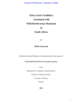 Ticks (Acari: Ixodidae) Associated with Wild Herbivorous Mammals in South Africa