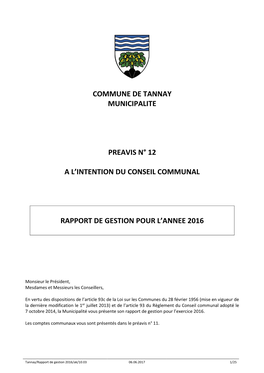 Commune De Tannay Municipalite Preavis N° 12 a L'intention Du