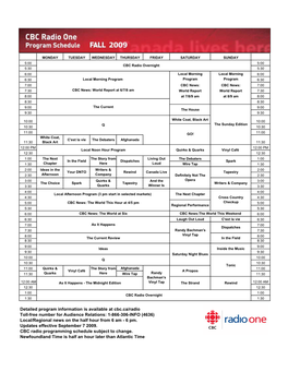 Detailed Program Information Is Available at Cbc.Ca/Radio Toll-Free